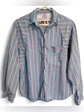 Vintage Middy British Raj blue yellow red green striped button up shirt retro